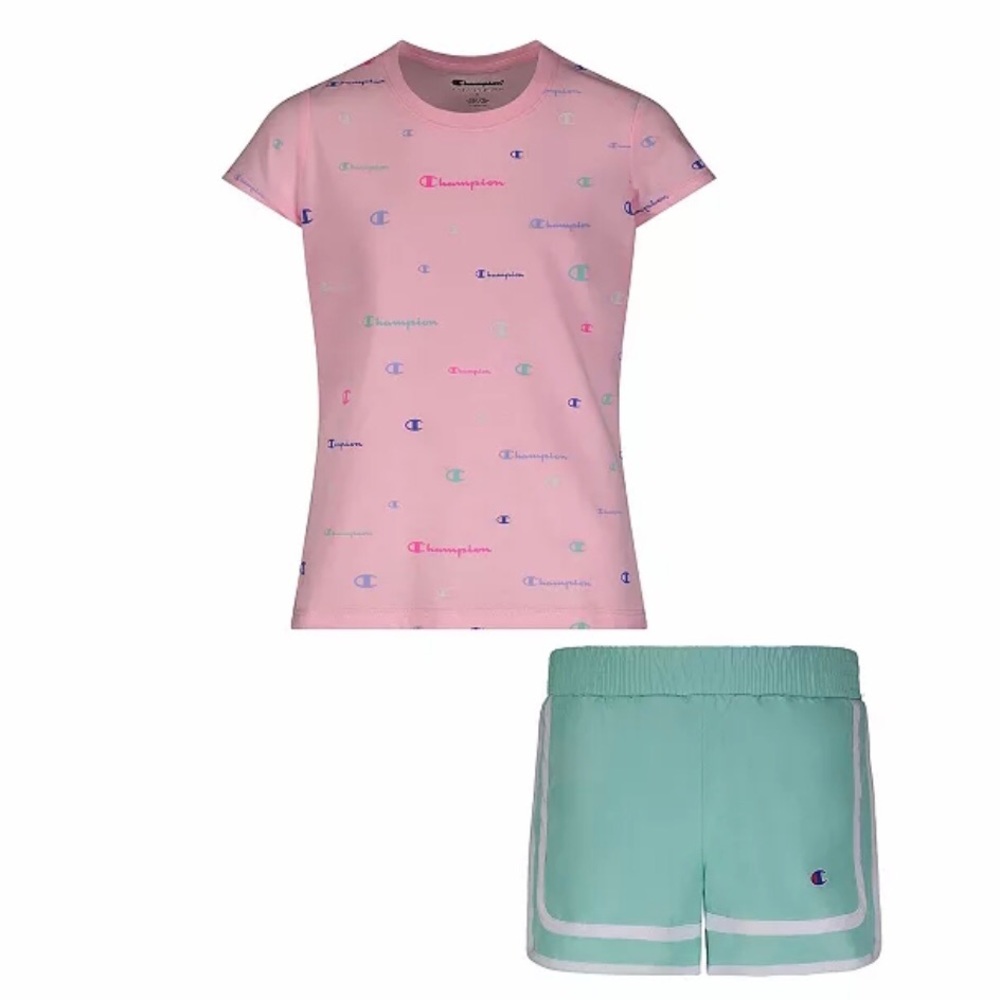 CHAMPION GIRLS’ SIZE 6X ALL OVER PRINT TEE & SHORTS, 2 PIECE SET